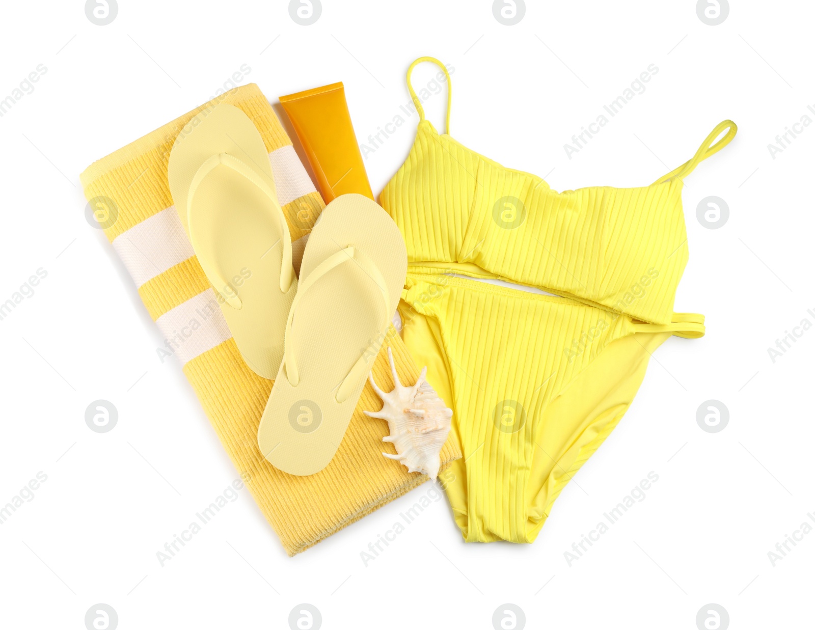 Photo of Different stylish beach accessories on white background, top view