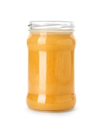 Jar with delicious honey on white background