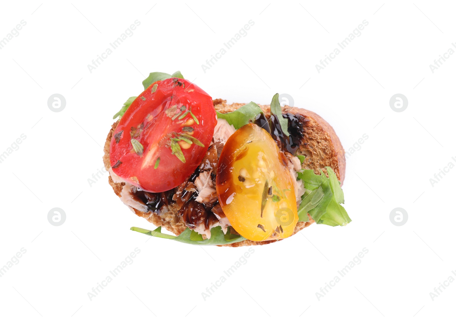 Photo of Delicious bruschetta with balsamic vinegar, tomato, arugula and tuna isolated on white, top view