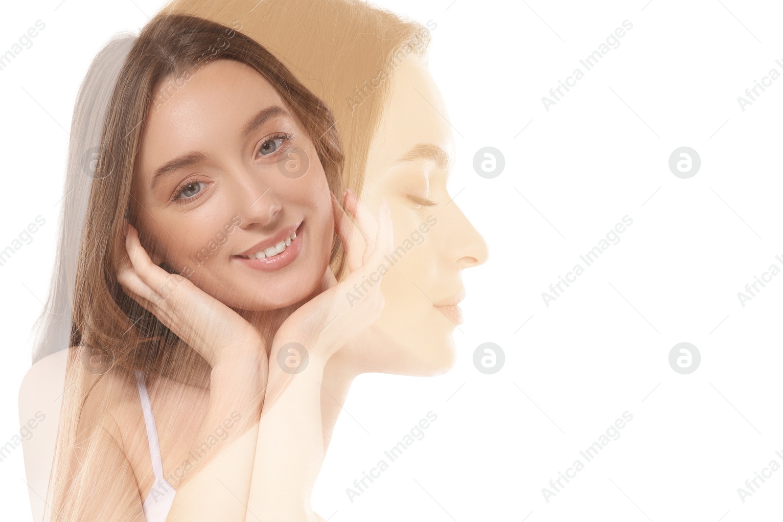 Image of Double exposure of beautiful women on white background