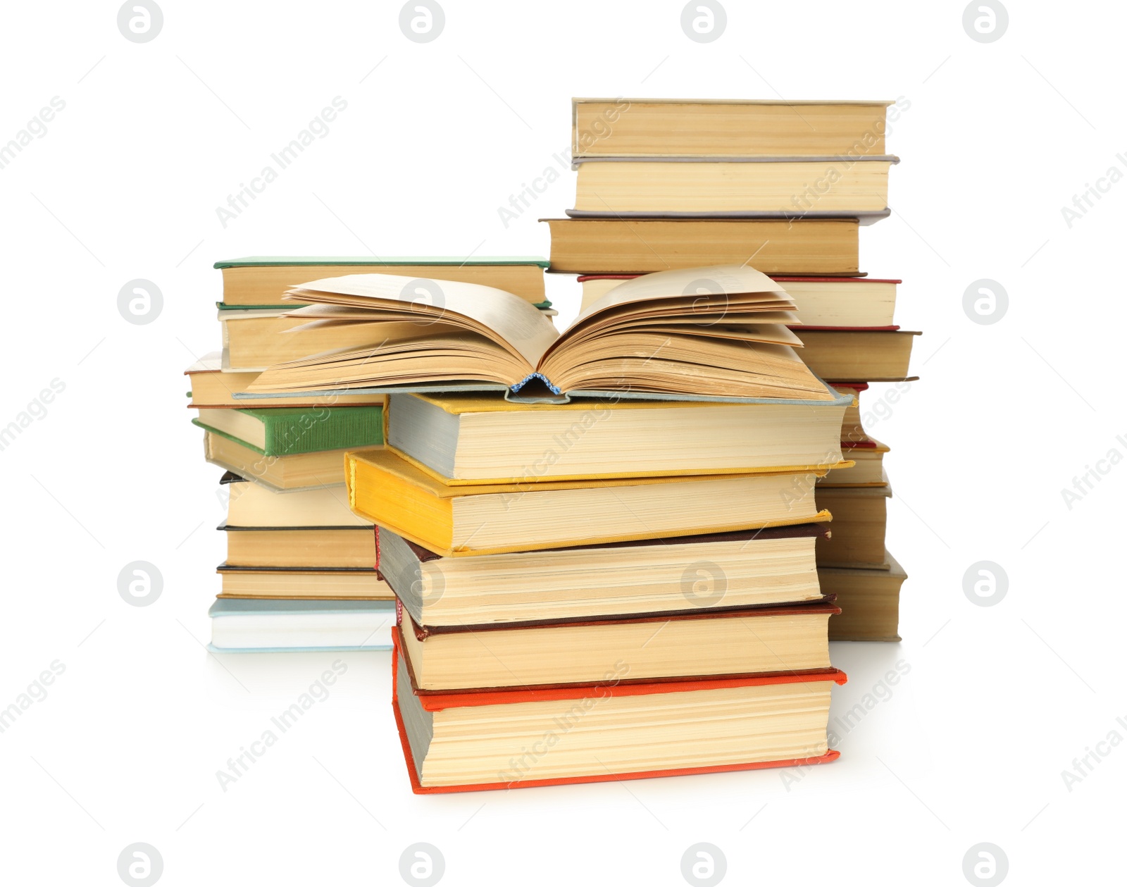 Photo of Lots of library books on white background