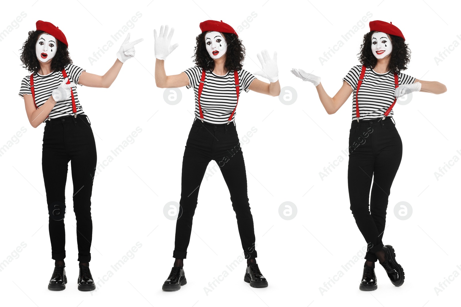 Image of Funny mime posing on white background, set of photos