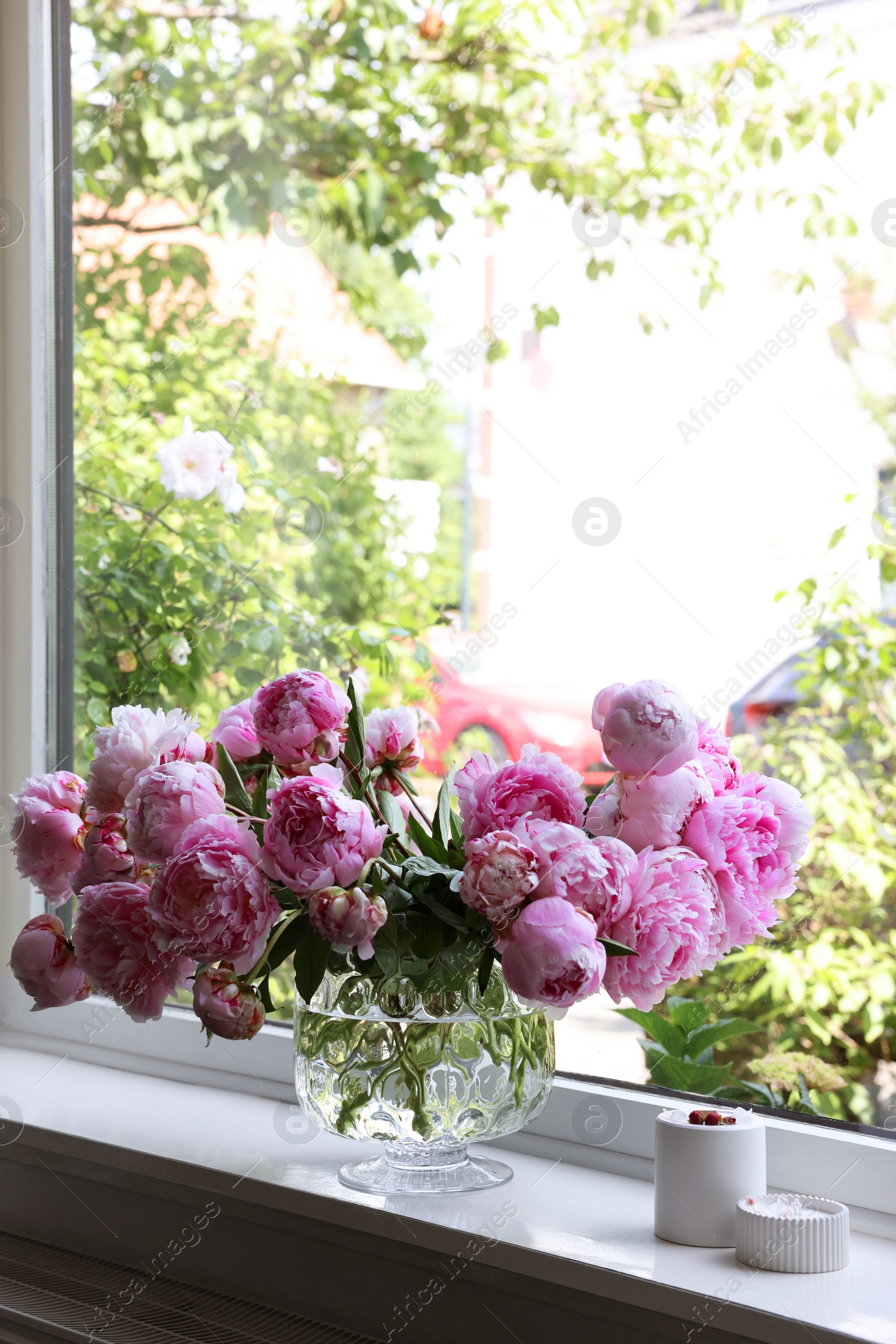 Photo of Beautiful pink peonies in vase on window sill, space for text. Interior design