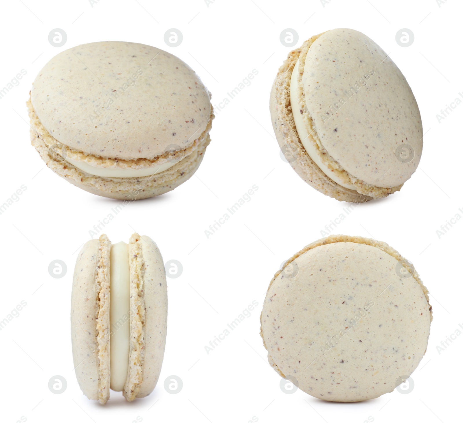 Image of Set with delicious macarons on white background