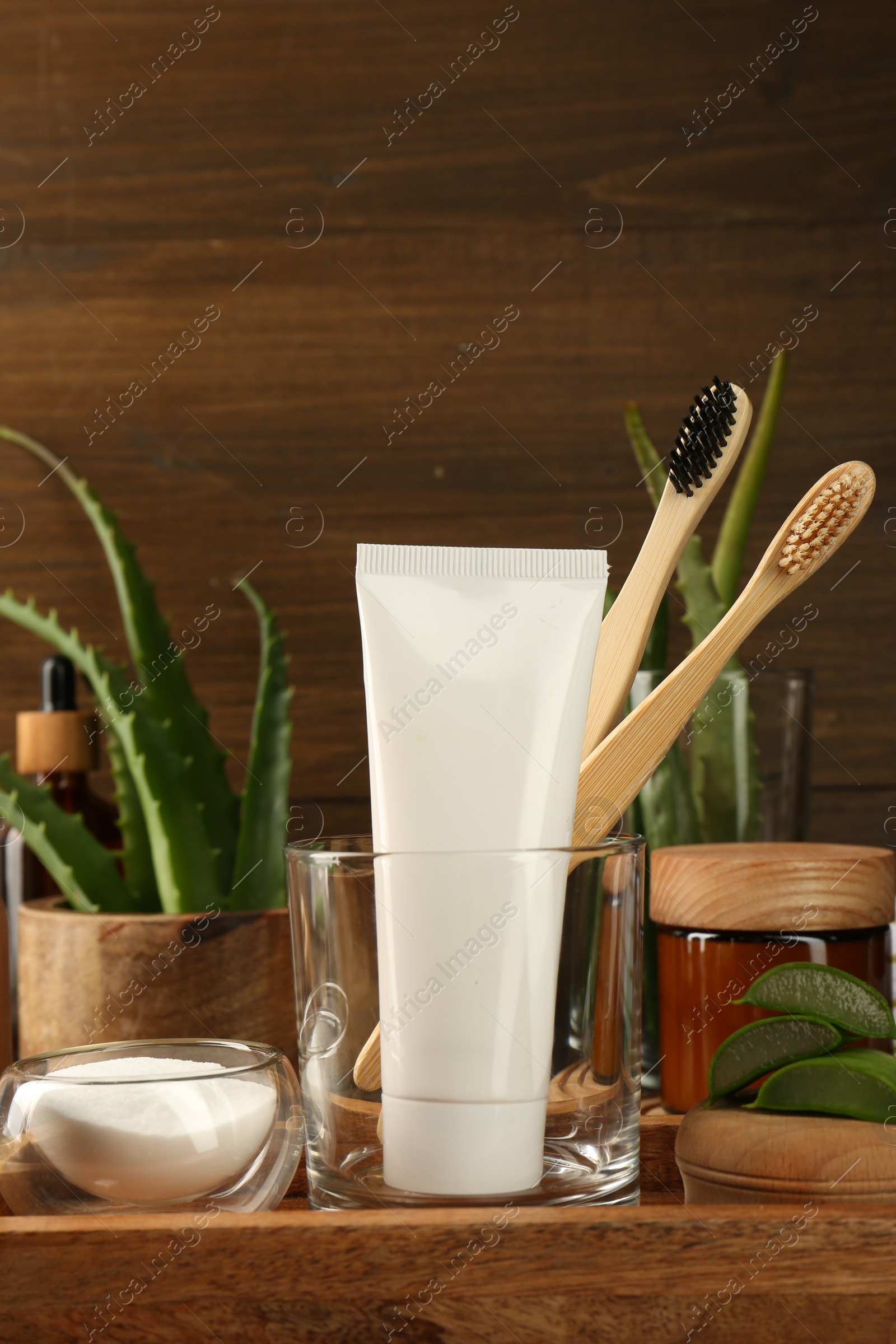 Photo of Aloe vera toothpaste in blank tube, brushes, green leaves and care products on wooden tray, space for text