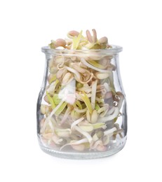 Photo of Mung bean sprouts in glass jar isolated on white