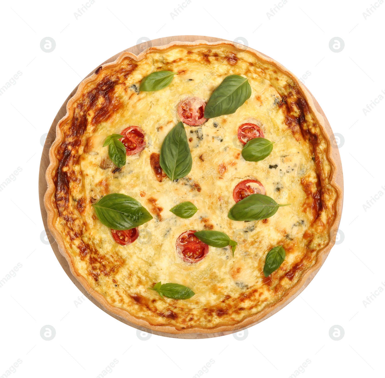 Photo of Delicious quiche with cheese, tomatoes and basil isolated on white, top view