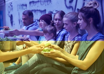 Image of Double exposure of volunteers serving food to refugees and Ukrainian flag. Help during war