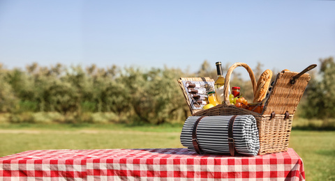 Picnic basket with wine, snacks and mat on table in park, space for text