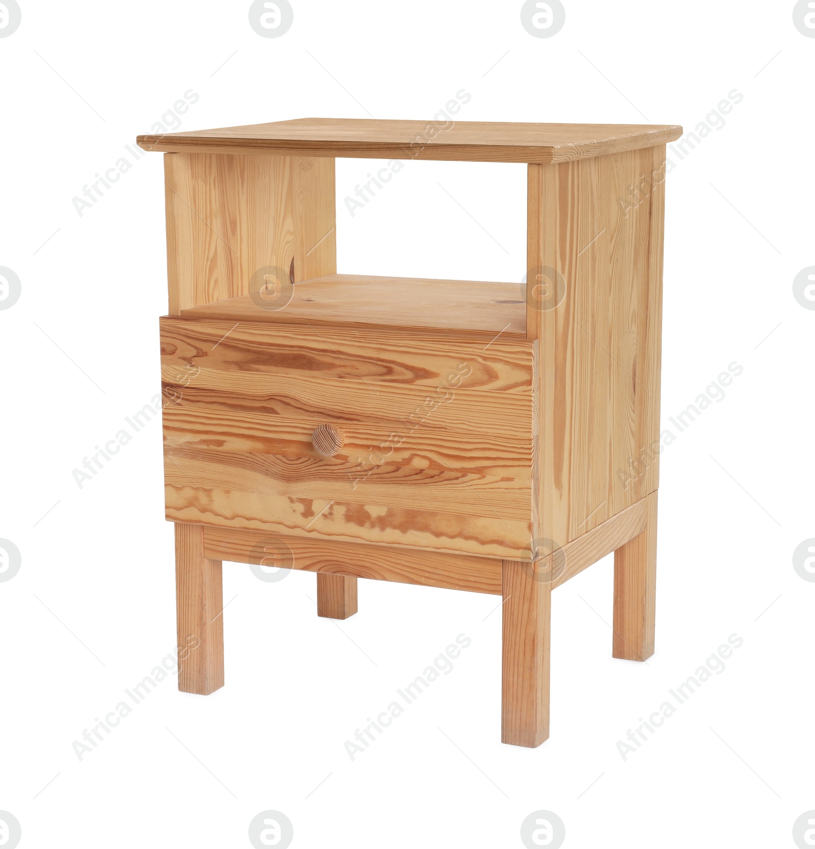 Photo of Stylish wooden bedside table isolated on white