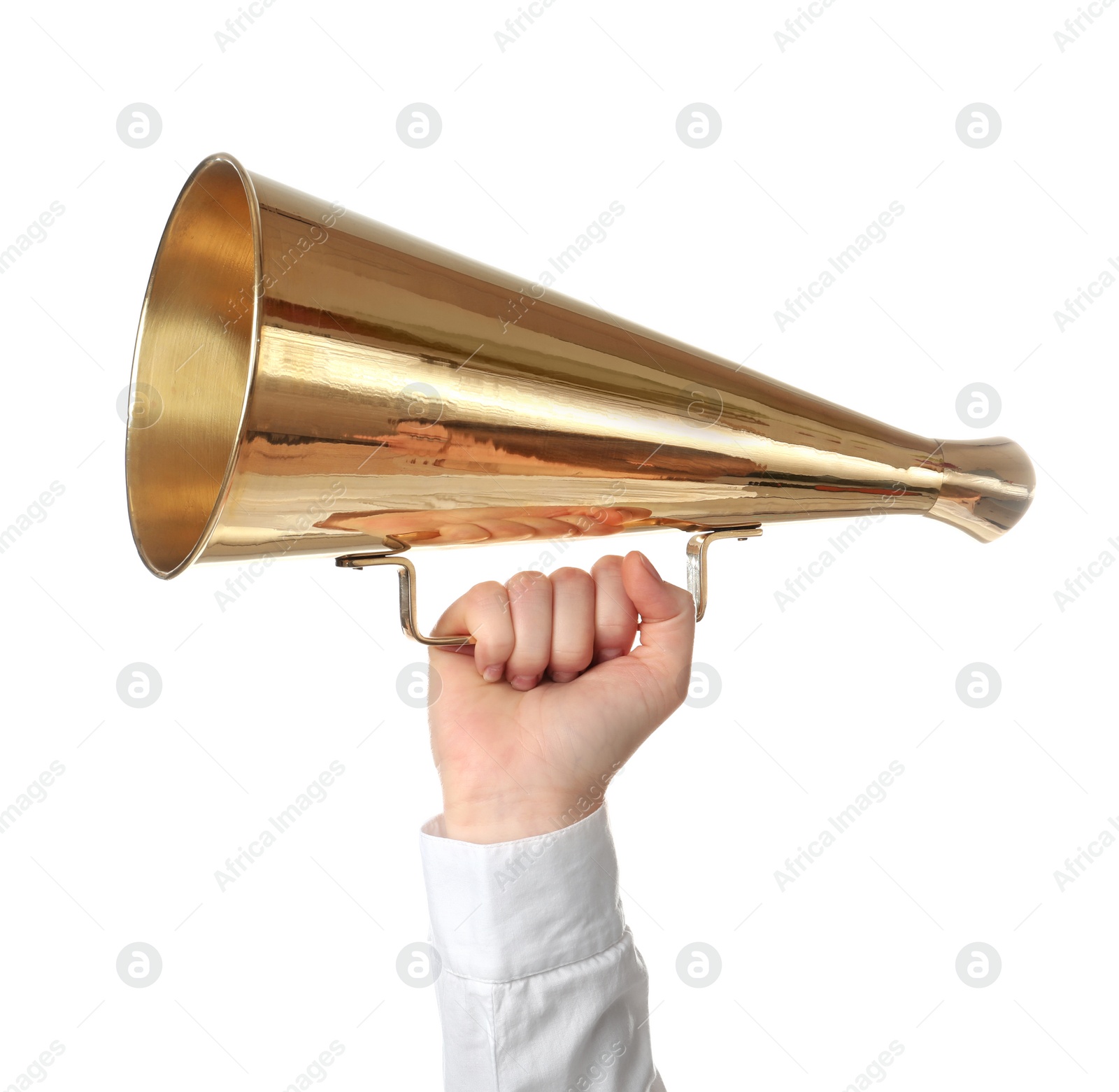 Photo of Woman holding retro megaphone on white background