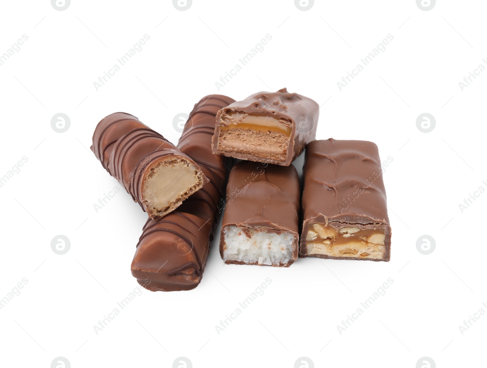 Photo of Pieces of different tasty chocolate bars on white background