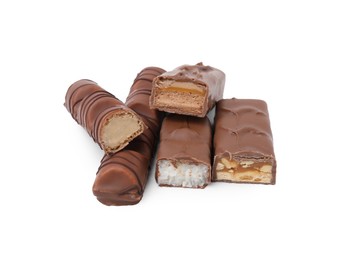 Pieces of different tasty chocolate bars on white background