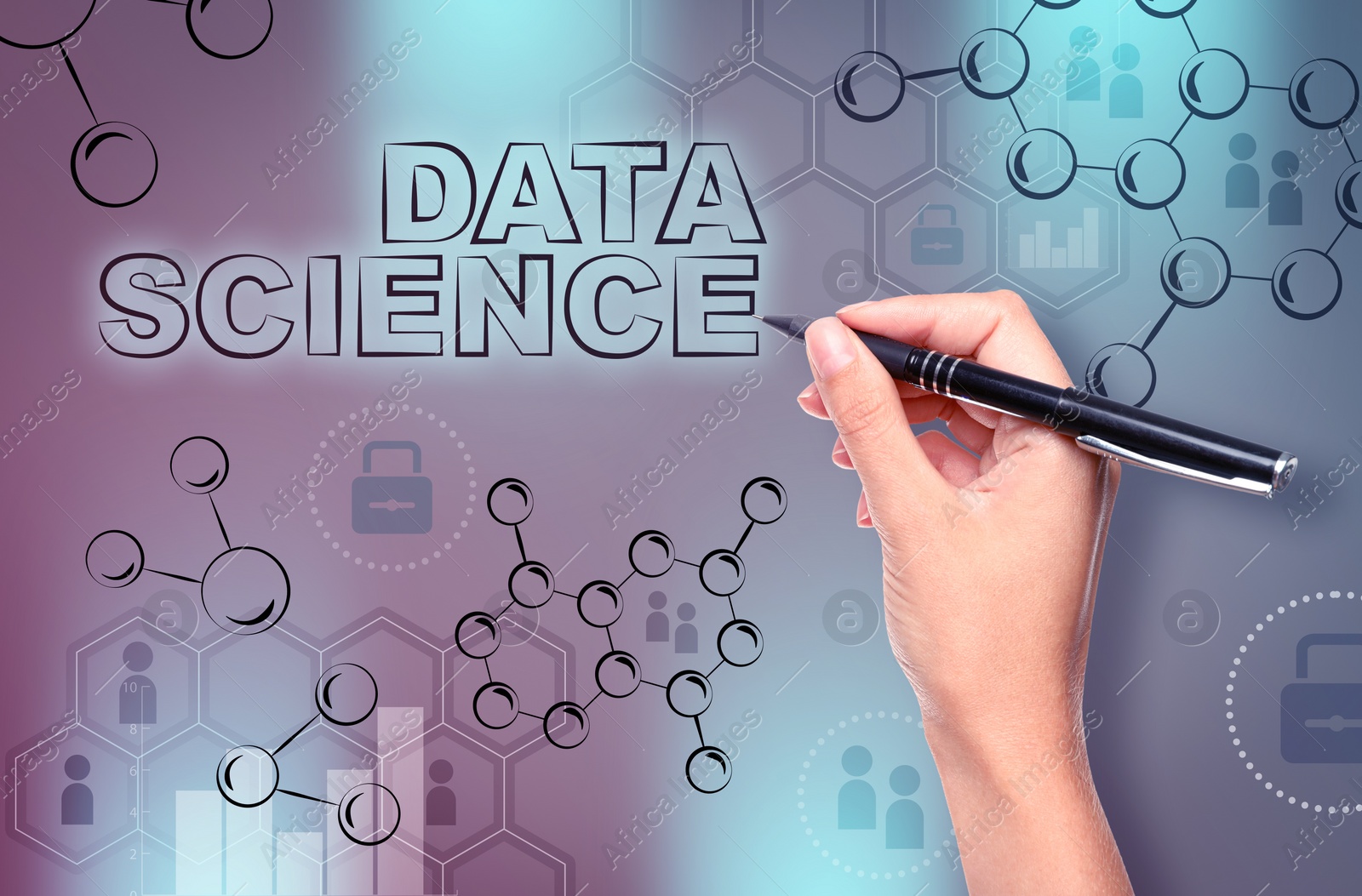 Image of Data science. Woman using digital screen, closeup