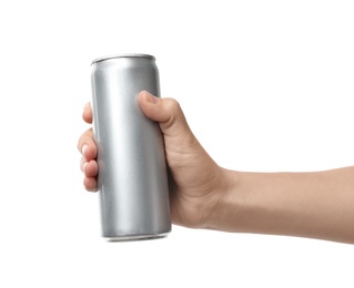 Photo of Woman holding aluminum can with beverage on white background, closeup. Mockup for design