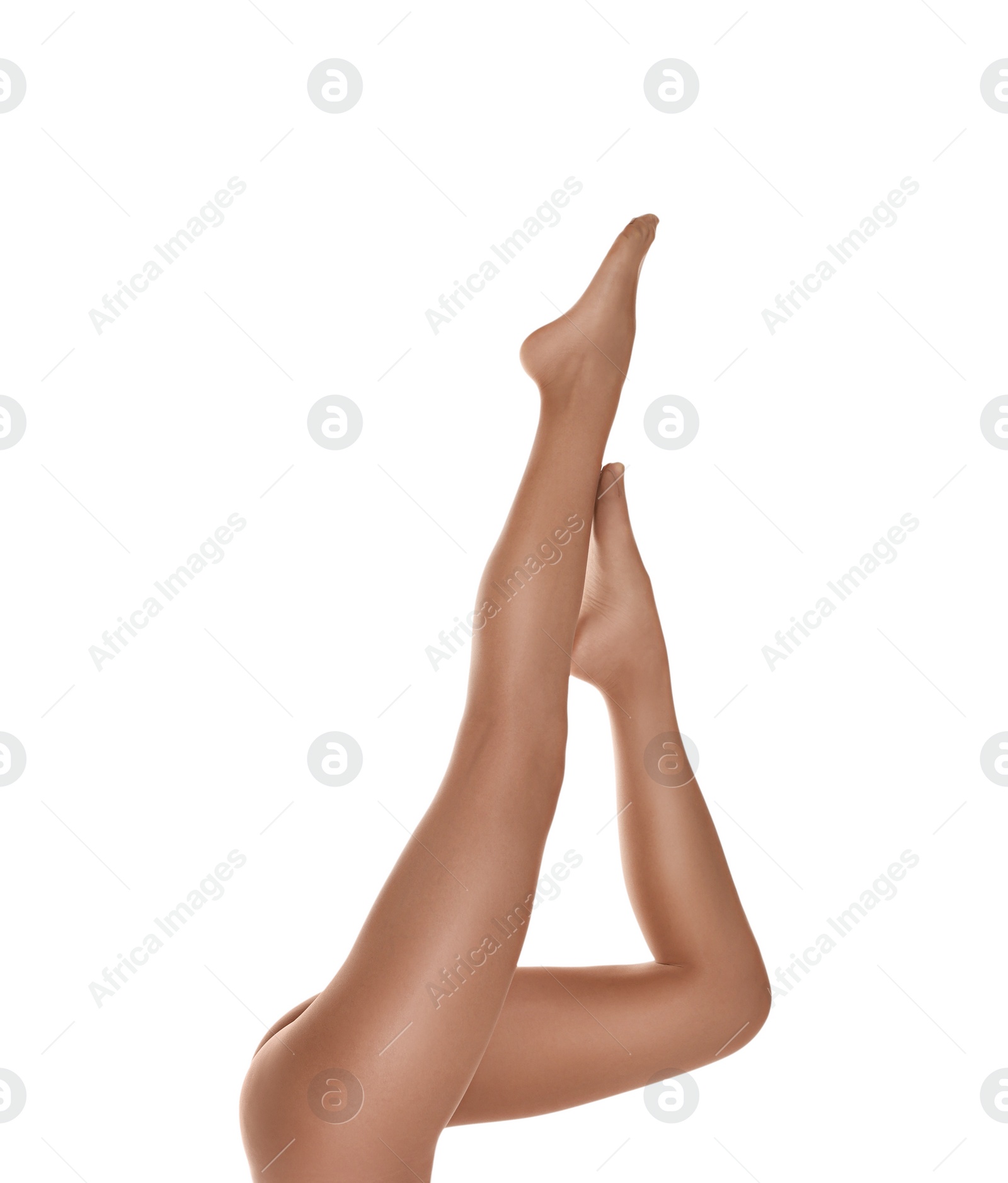 Photo of Woman with beautiful long legs wearing tights on white background, closeup