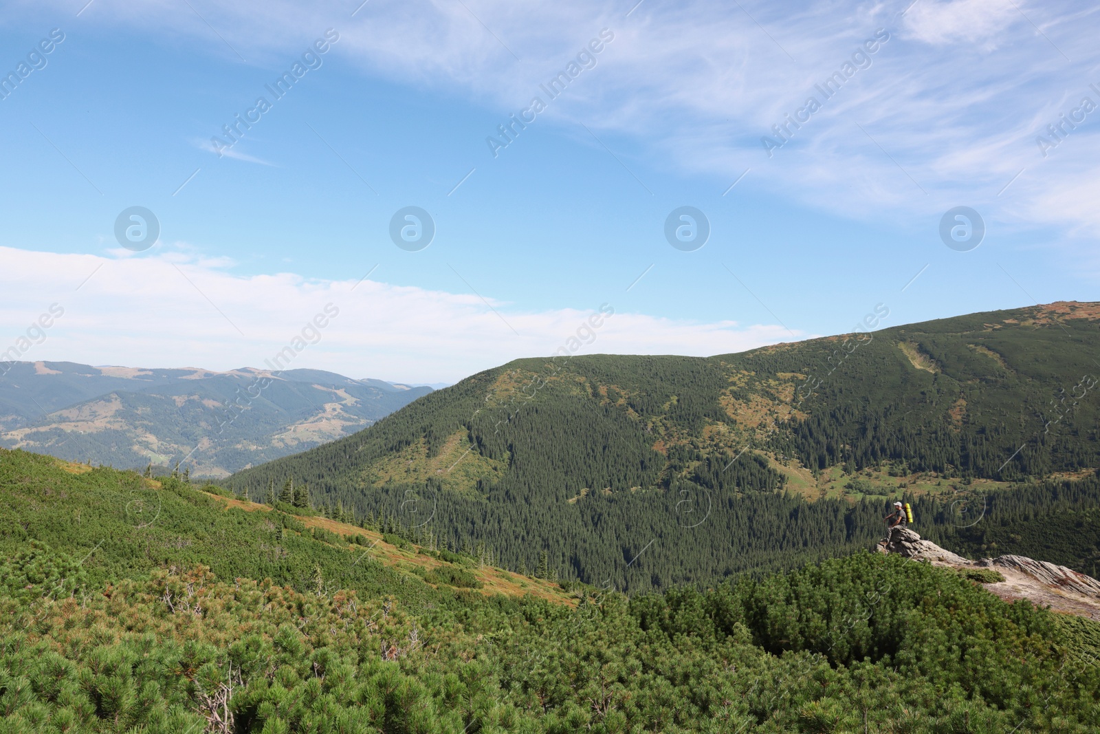 Photo of Tourist with backpack on cliff in mountains. Space for text