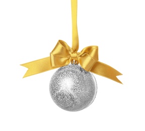 Photo of Beautiful Christmas ball with ribbon on white background