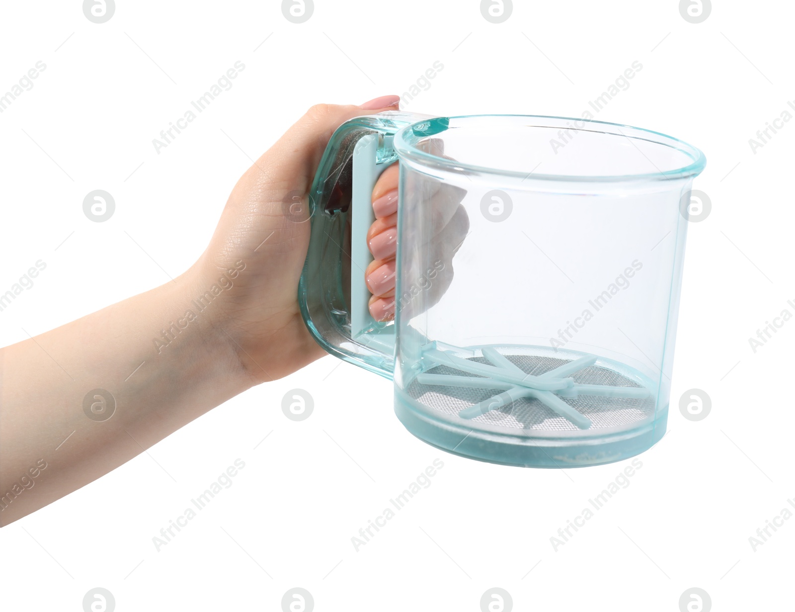 Photo of Woman with flour sifter on white background, closeup