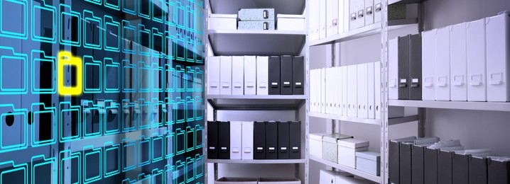 Image of Digital archive. One of storage racks covered folder icons and toned in blue symbolizing keeping information digitally