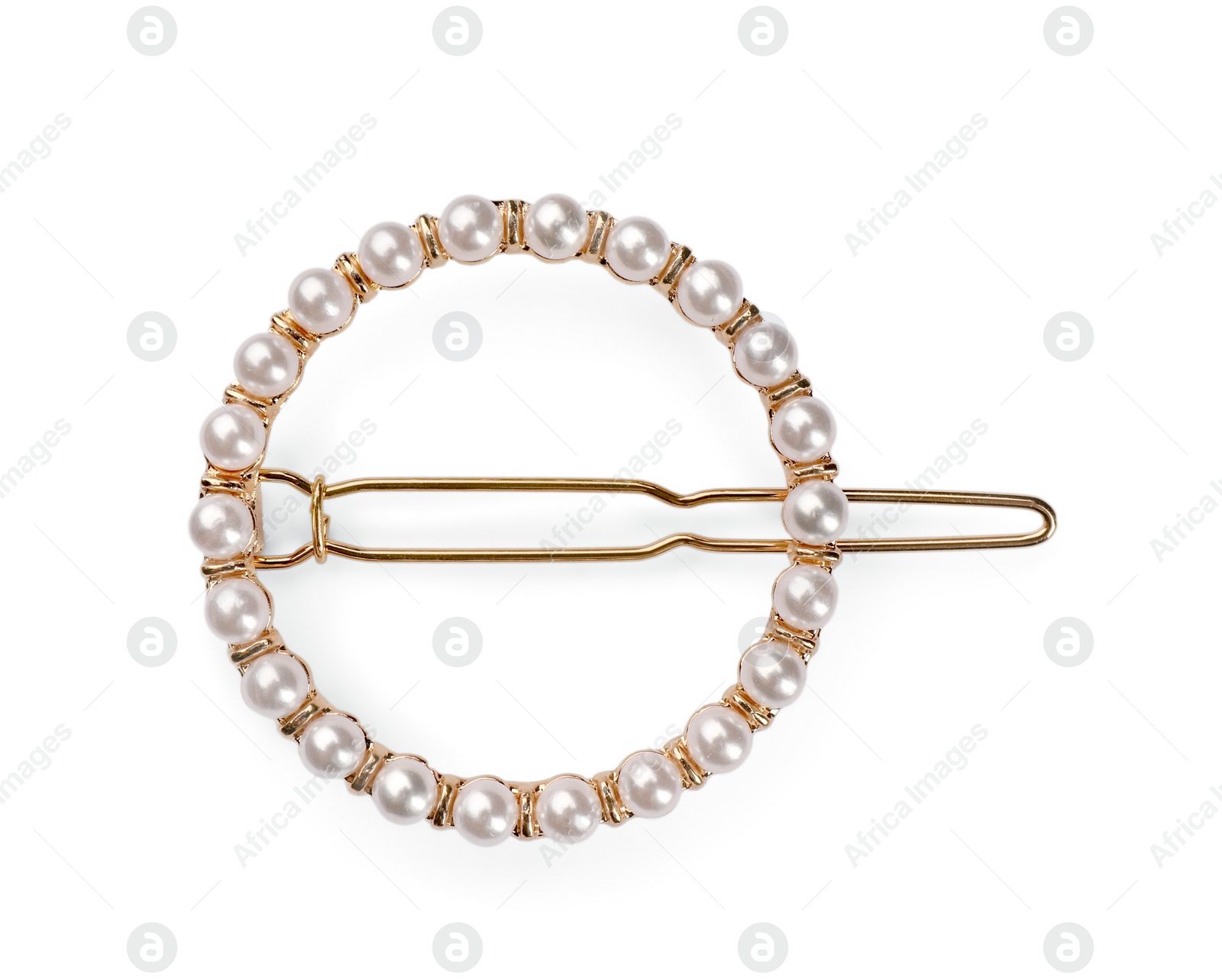 Photo of Elegant hair clip with pearls isolated on white, top view