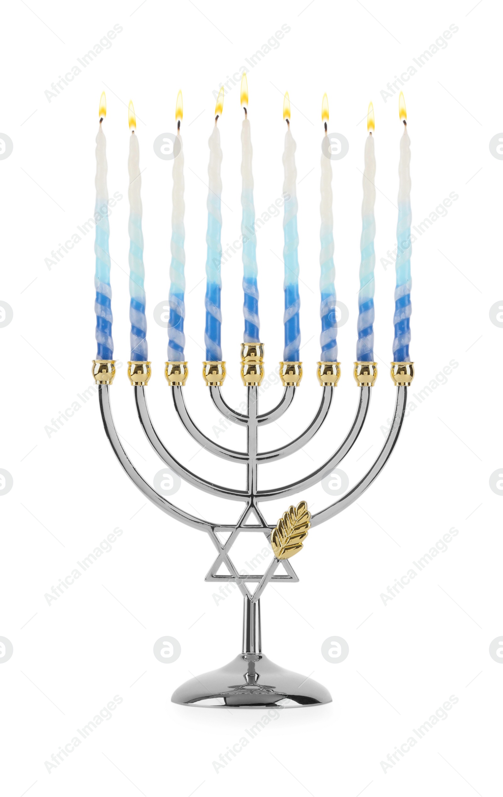 Photo of Menorah with burning candles isolated on white. Hanukkah symbol