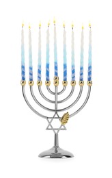 Photo of Menorah with burning candles isolated on white. Hanukkah symbol