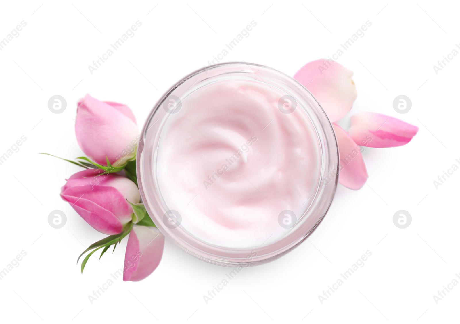 Photo of Jar of hand cream and roses on white background, top view