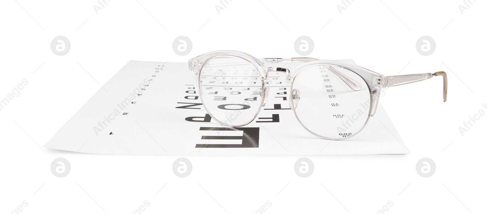 Photo of Glasses and vision test chart isolated on white