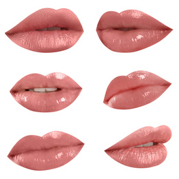 Image of Set of mouths with beautiful makeup on white background. Glossy pink lipstick