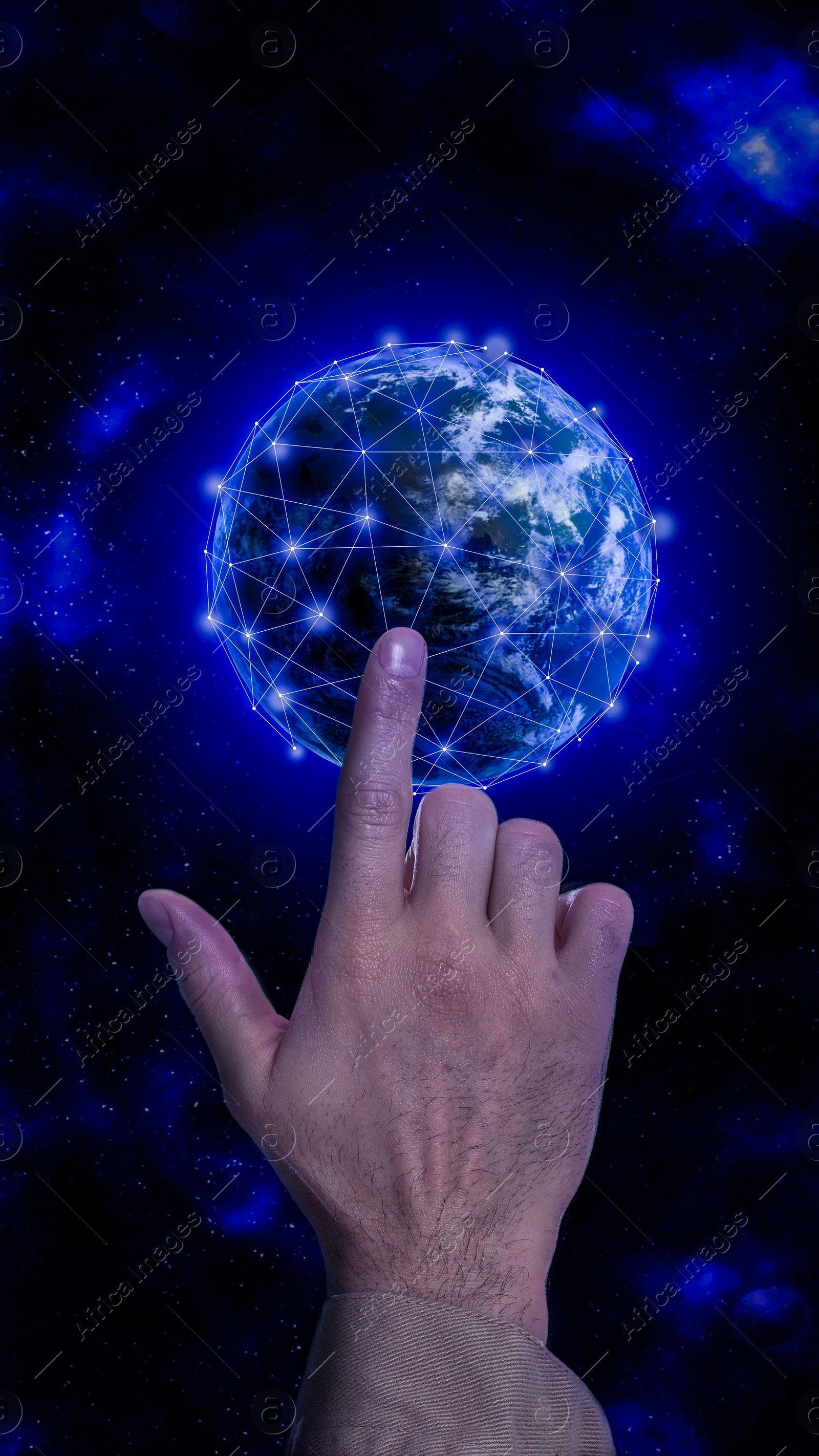 Image of Man pointing at digital model of Earth on dark background, closeup