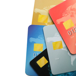 Different credit cards on white background, closeup