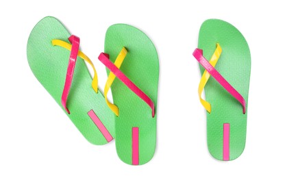 Green flip flops on white background, top view. Collage