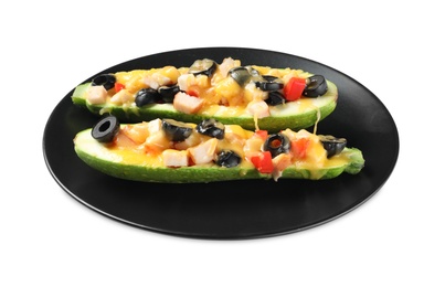 Photo of Plate of delicious stuffed zucchini on white background