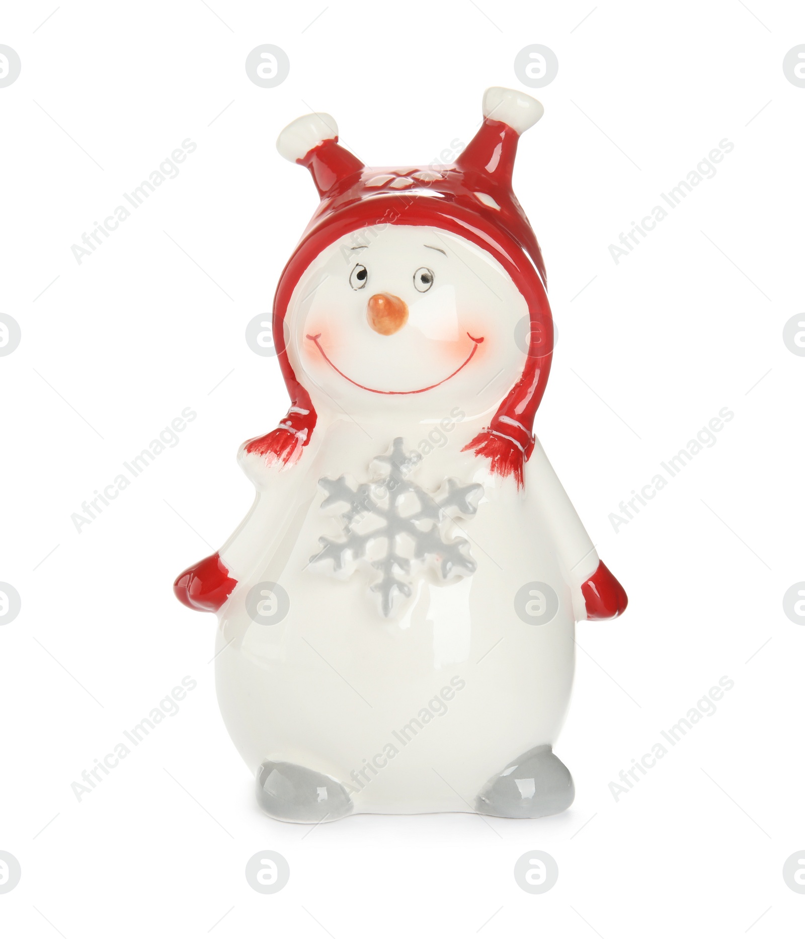 Photo of Funny ceramic snowman isolated on white. Christmas decoration