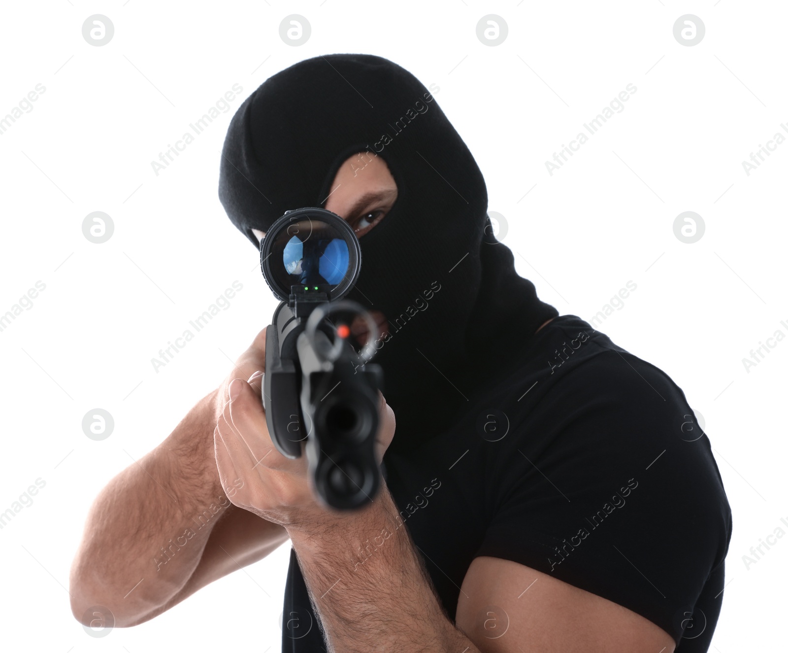 Photo of Professional killer with sniper rifle on white background