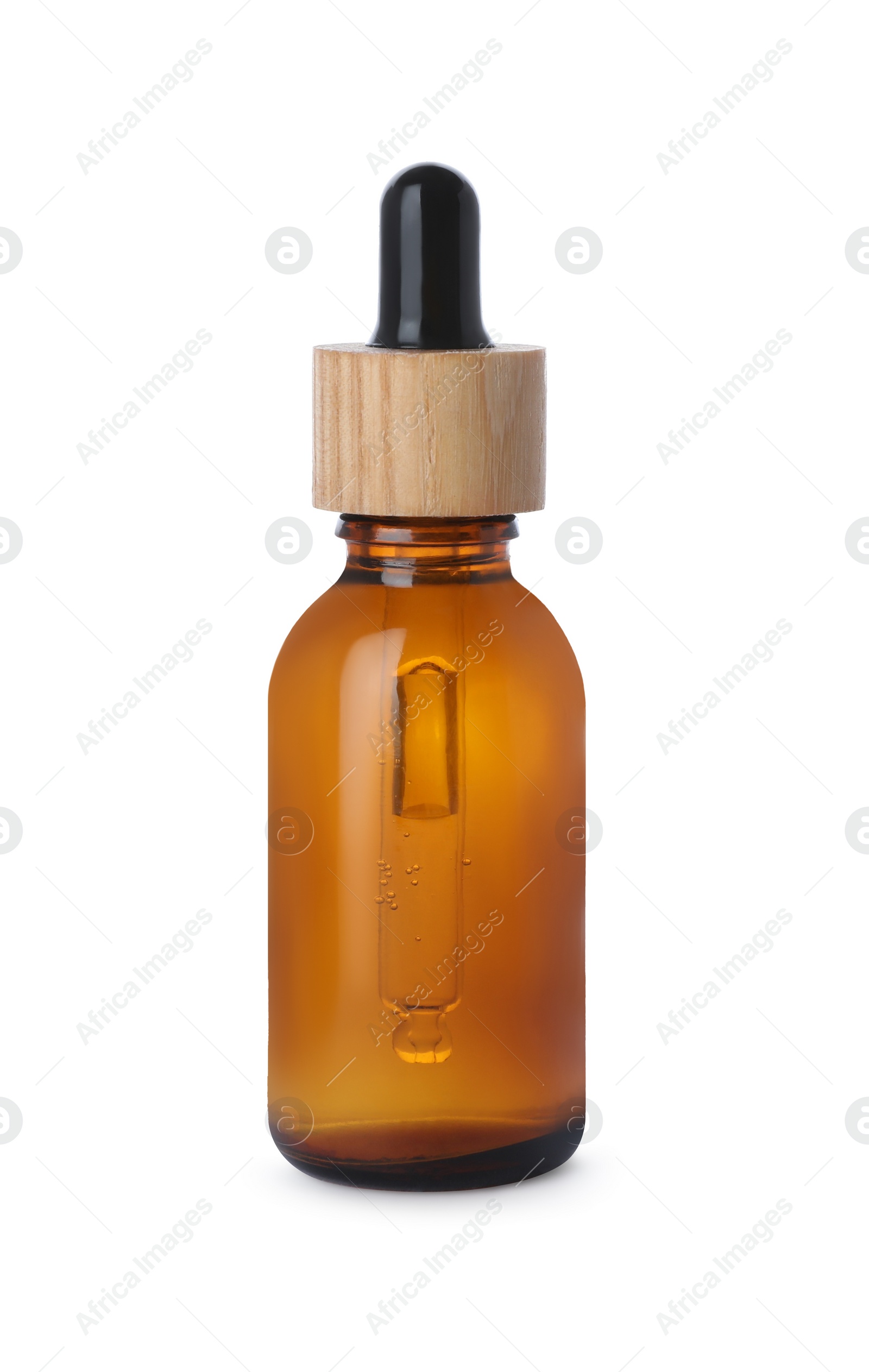 Photo of Bottle of essential oil isolated on white