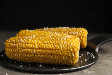 Photo of Delicious boiled corn with salt on grey table