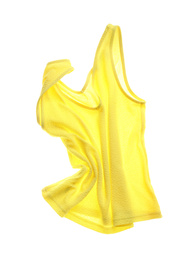 Photo of Rumpled yellow top isolated on white. Messy clothes
