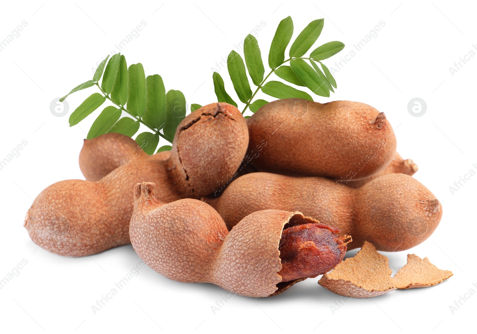 Image of Delicious ripe tamarinds on white background. Exotic fruit