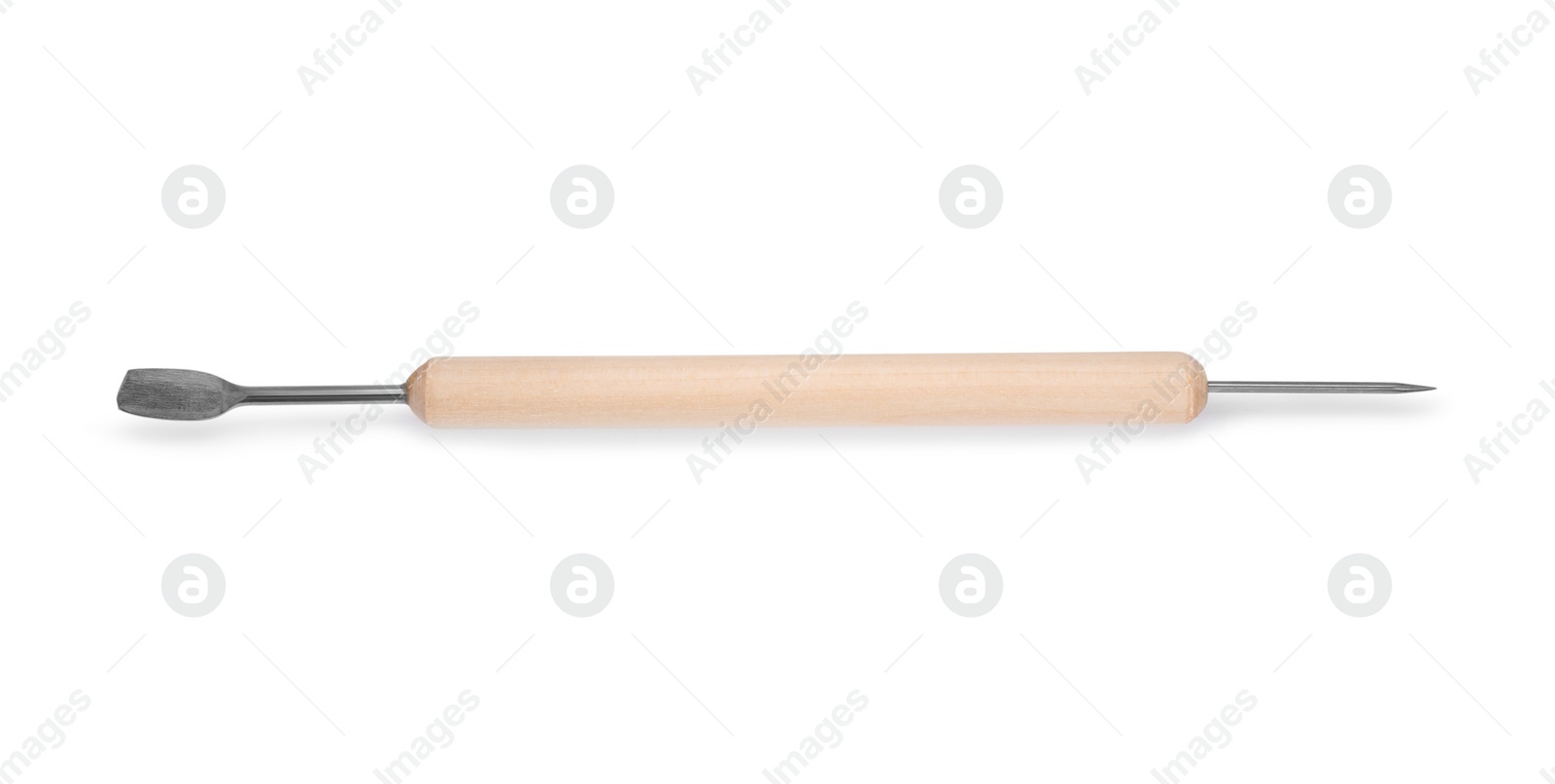 Photo of One wooden clay crafting tool isolated on white, top view