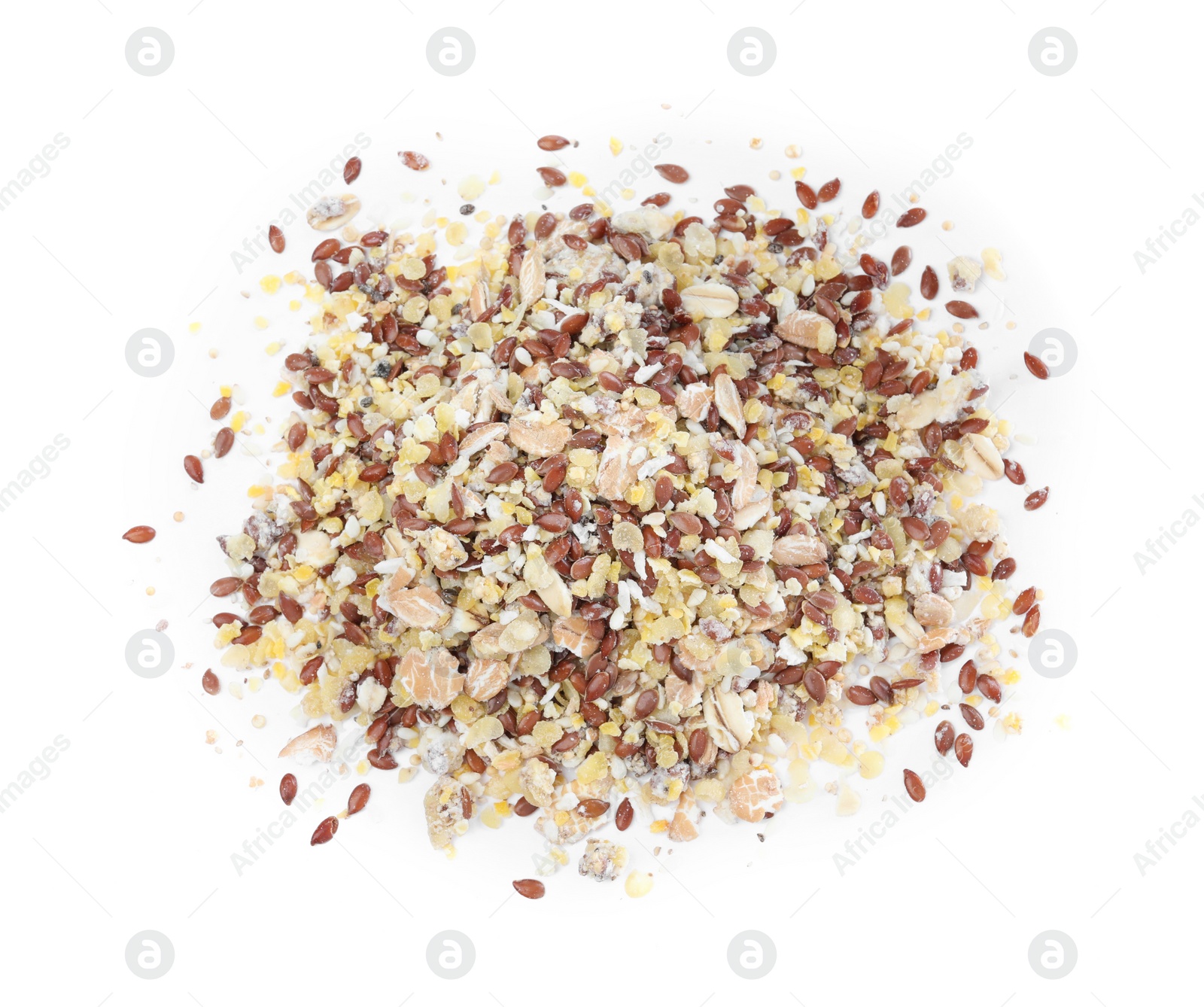 Photo of Pile of granola on white background, top view. Healthy snack