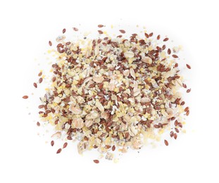 Photo of Pile of granola on white background, top view. Healthy snack