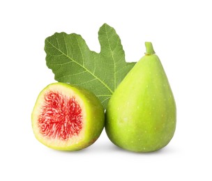 Photo of Cut and whole green figs with leaf isolated on white