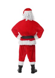 Photo of Man in Santa Claus costume posing on white background, back view