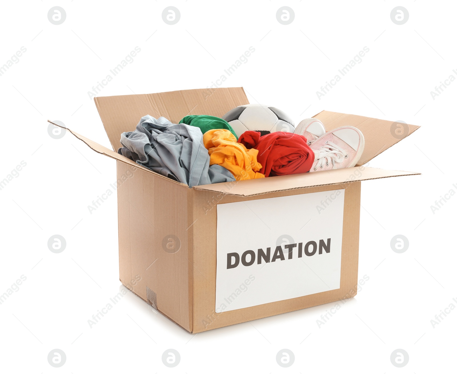 Photo of Carton box with donations on white background