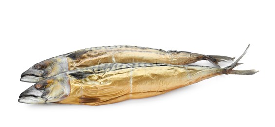 Photo of Delicious smoked mackerels isolated on white. Seafood product