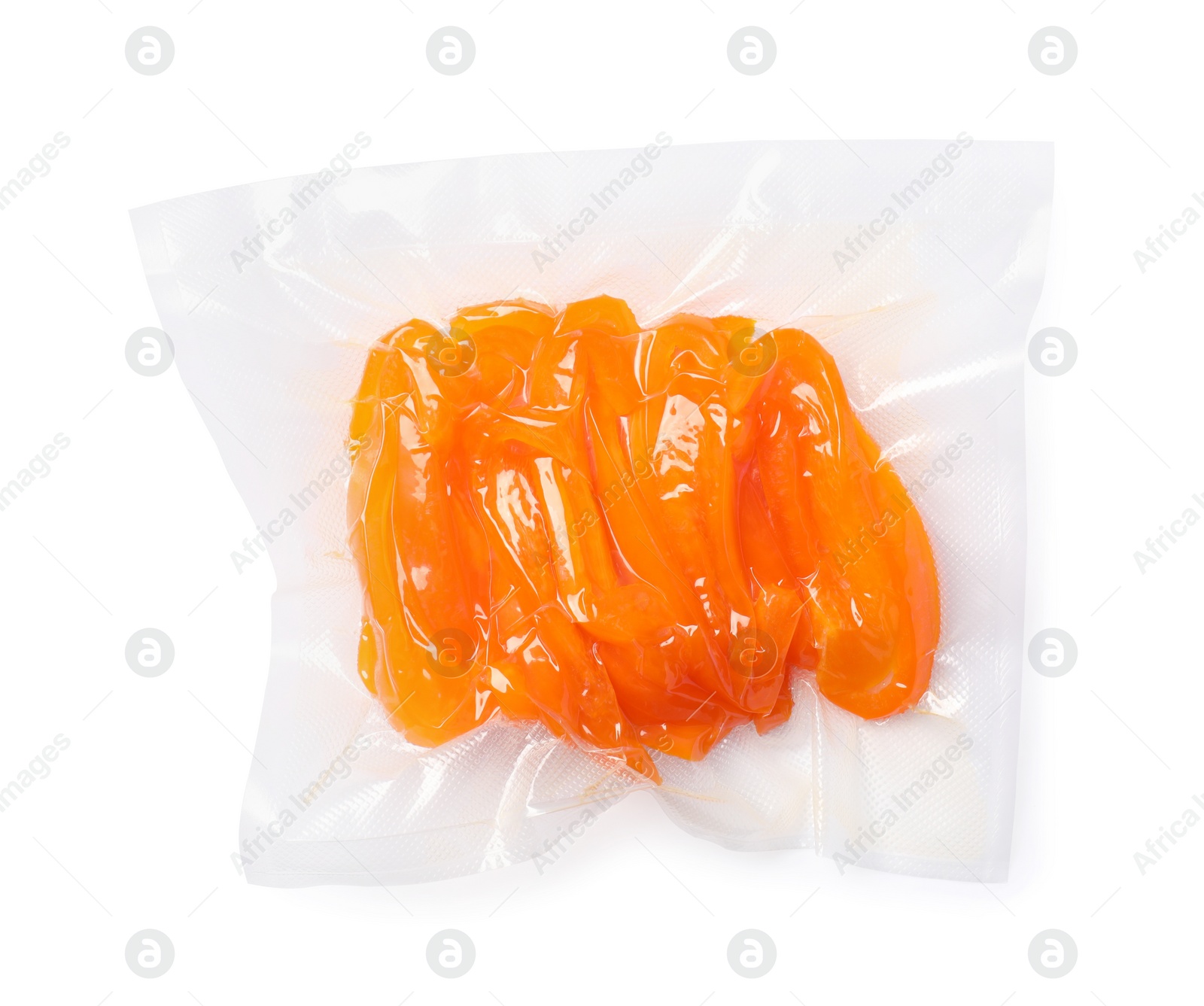 Photo of Vacuum pack of bell pepper isolated on white, top view