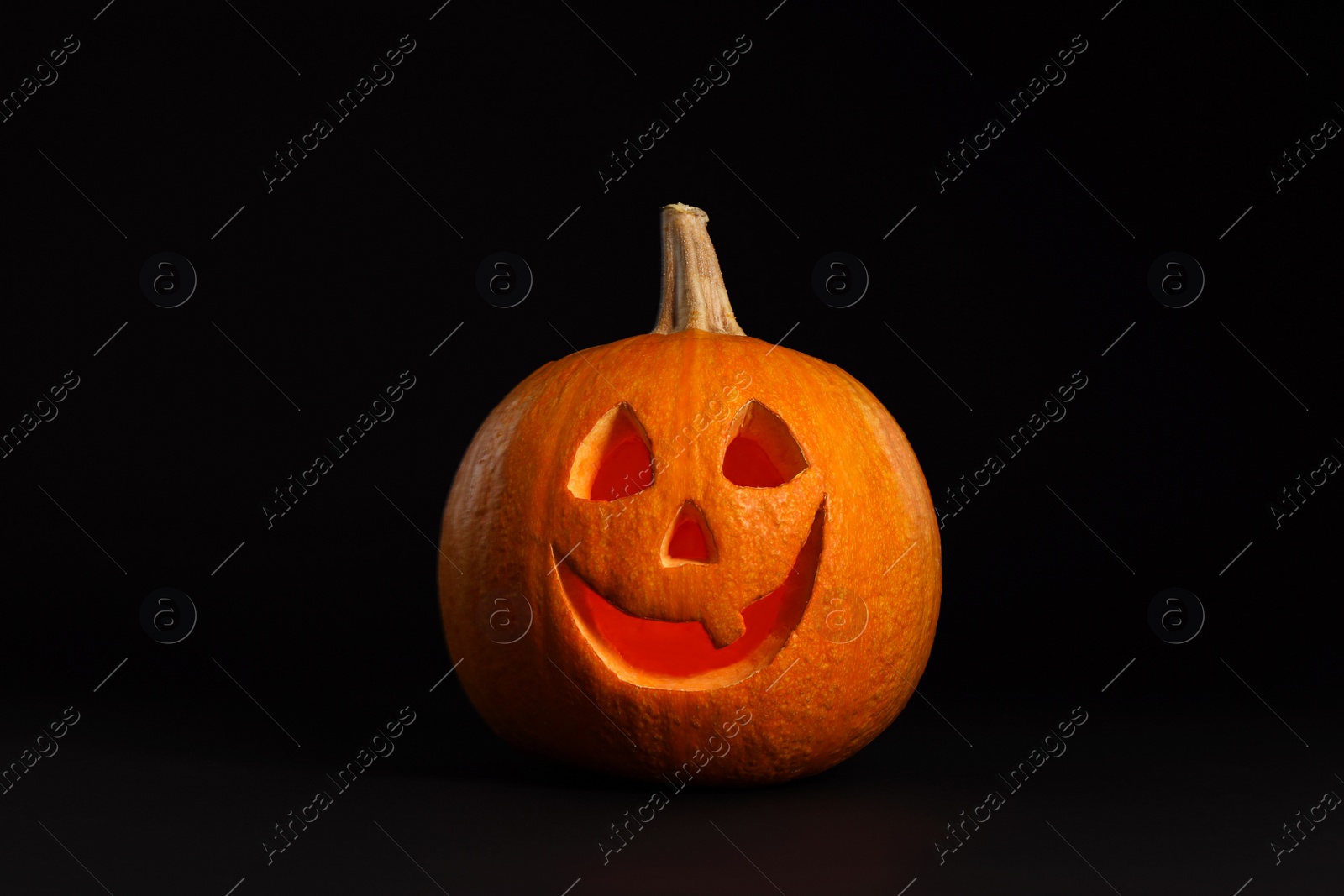 Photo of Pumpkin head on black background. Jack lantern - traditional Halloween decor