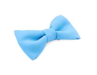 Photo of Stylish light blue bow tie on white background